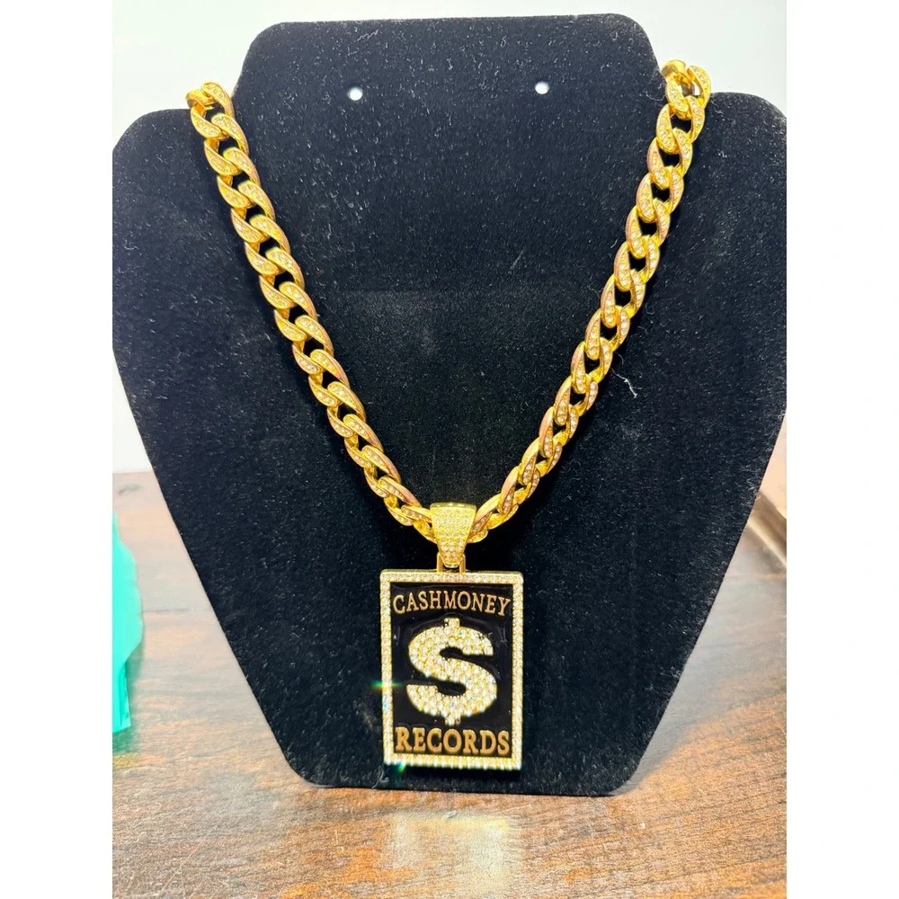 Mens Gold Tone CashMoney Records Pendant Chain Necklace Iced Cuban Box Out Bling